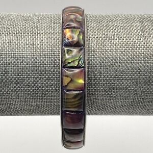 Unsigned Silver Tone Abalone Shell Bangle Vintage Multicolor 2.5"
